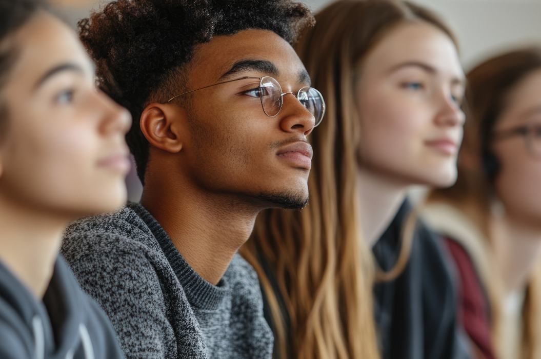 Eine kleine Gruppe von Studenten, die aufmerksam der Vorlesung eines Professors zuhört. Dies symbolisiert die Bedeutung von personalisiertem Unterricht und Zusammenarbeit im Lernprozess.